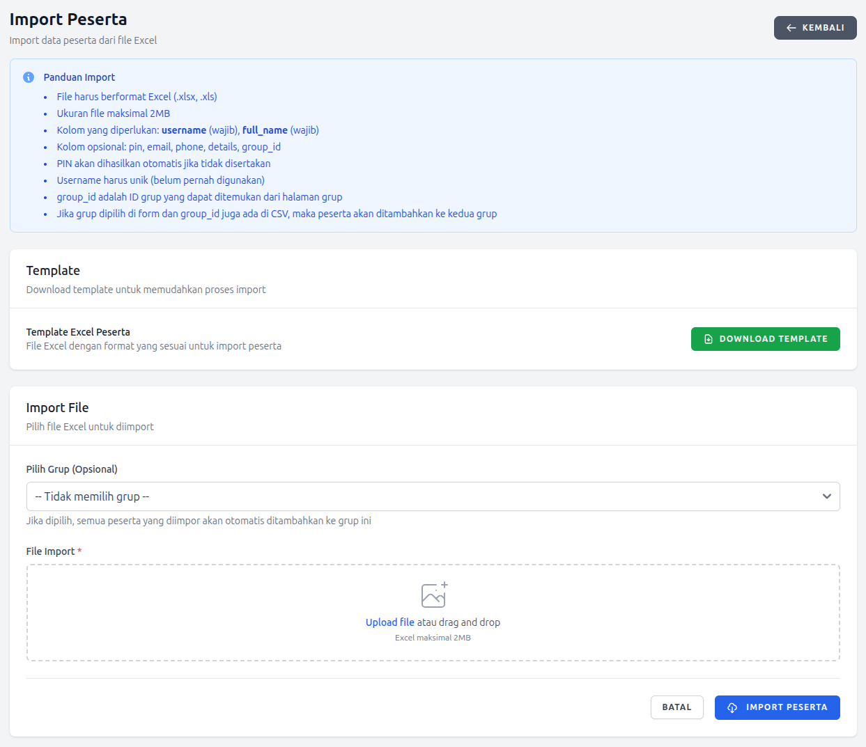 Interface import peserta dari Excel