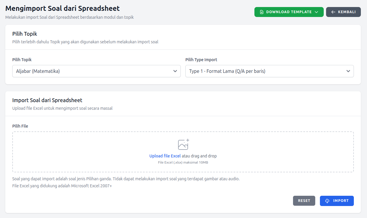 Interface import soal dari Excel