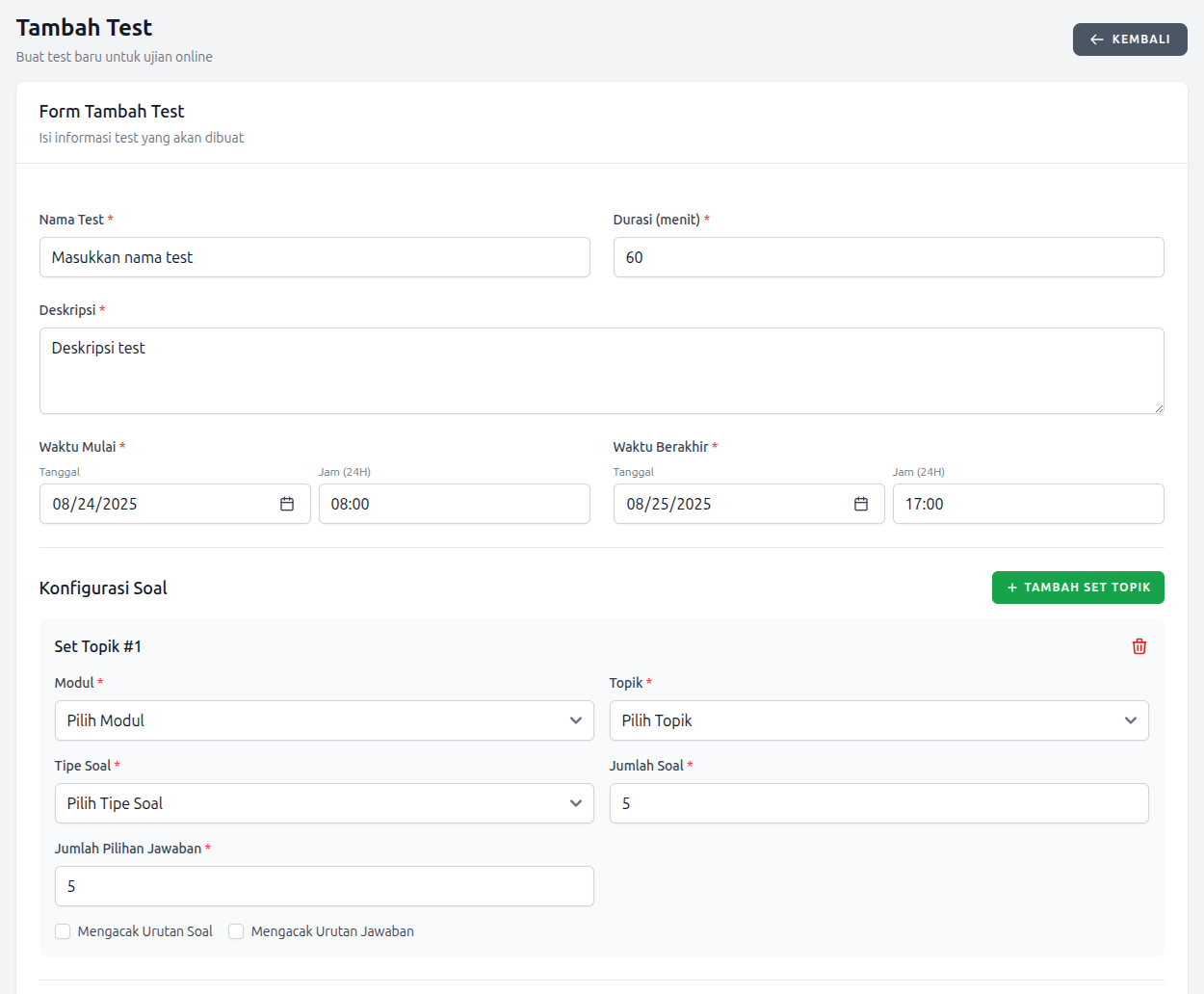 Form konfigurasi test baru