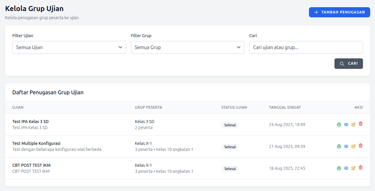 Interface pengelolaan test groups