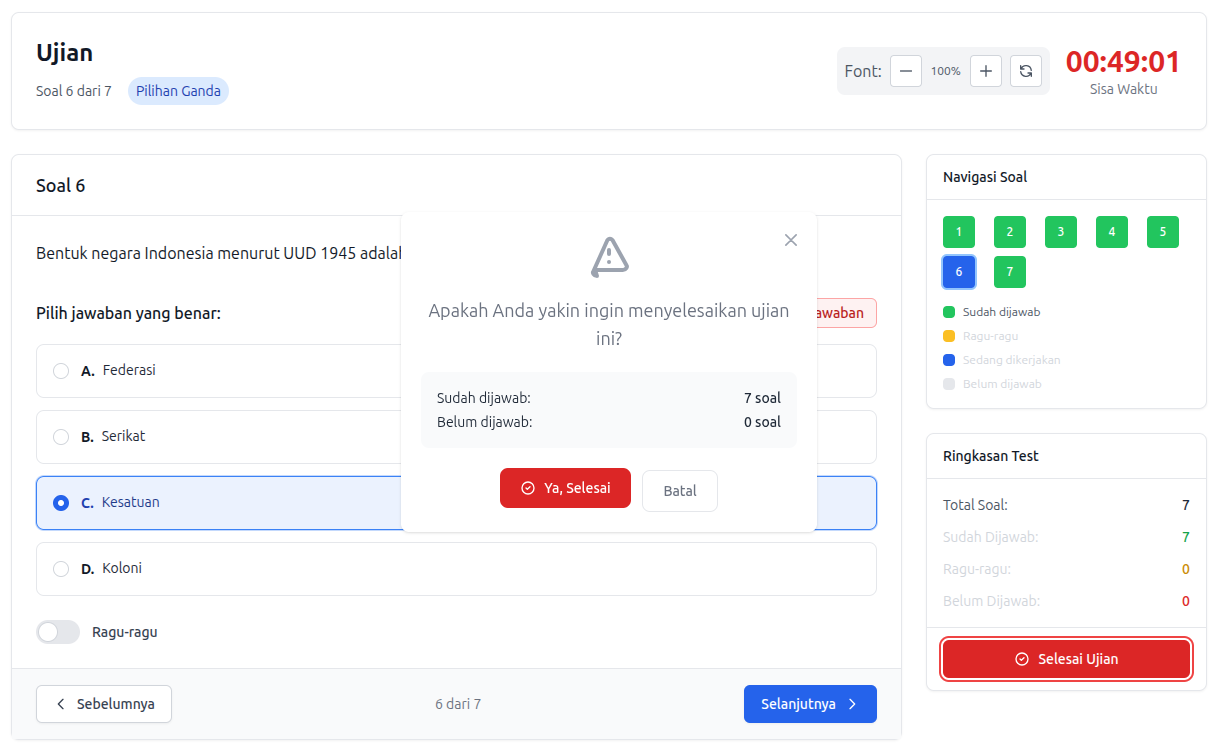 Screenshot ujian selesai